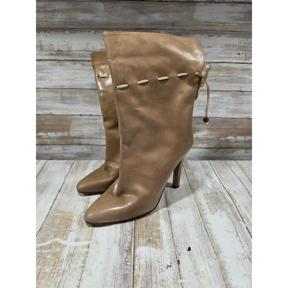Casadei Tan Leather Mid-Calf Stiletto Boots Pointed Toe Drawstring Italy 7.5